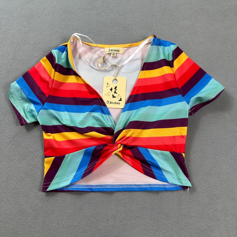 NWT 8 Birdies Australia Twist Front Crop Top Short Sleeve S Stripped Rainbow